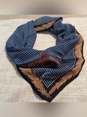 Kenzo #010 Navy Striped Scarf silk with Brown Equestrian Motif